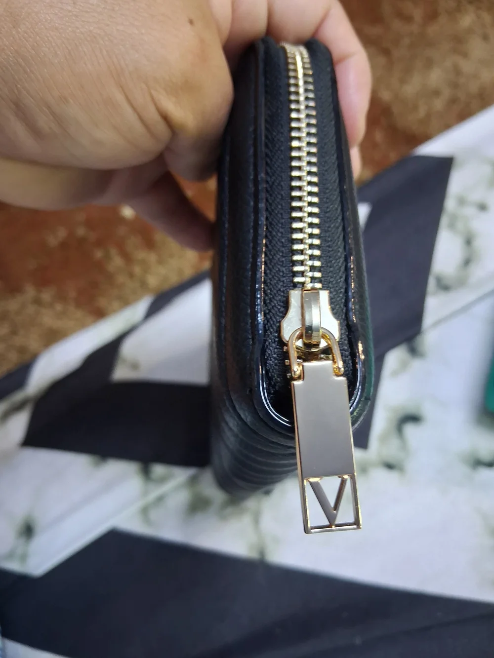Victoria's Secret Black Quilted Zip Wallet with Gold Accent
